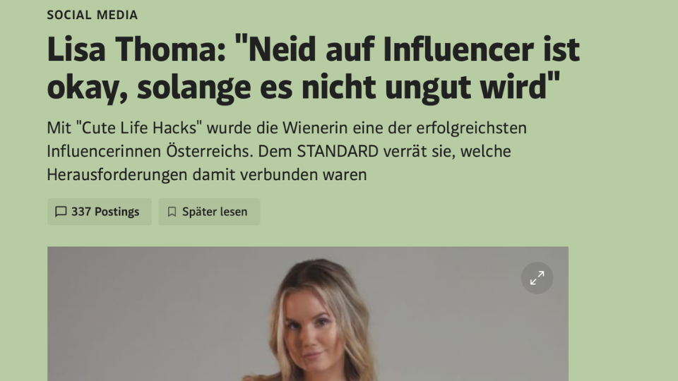 Screenshot von einem Beitrag über Lisa Sophie Thoma im DerStandard
