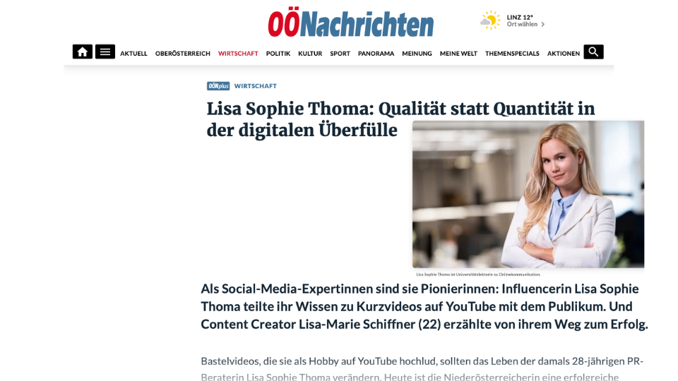 Beitrag aus den OÖNachrichten über Lisa Sophie Thoma